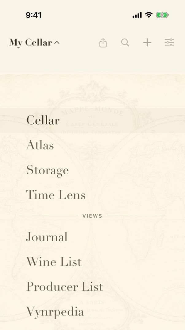 The switcher, listing Cellar, Atlas, Storage and Time Lens, the Wine and Producer Lists, Journal and Vynrpedia.