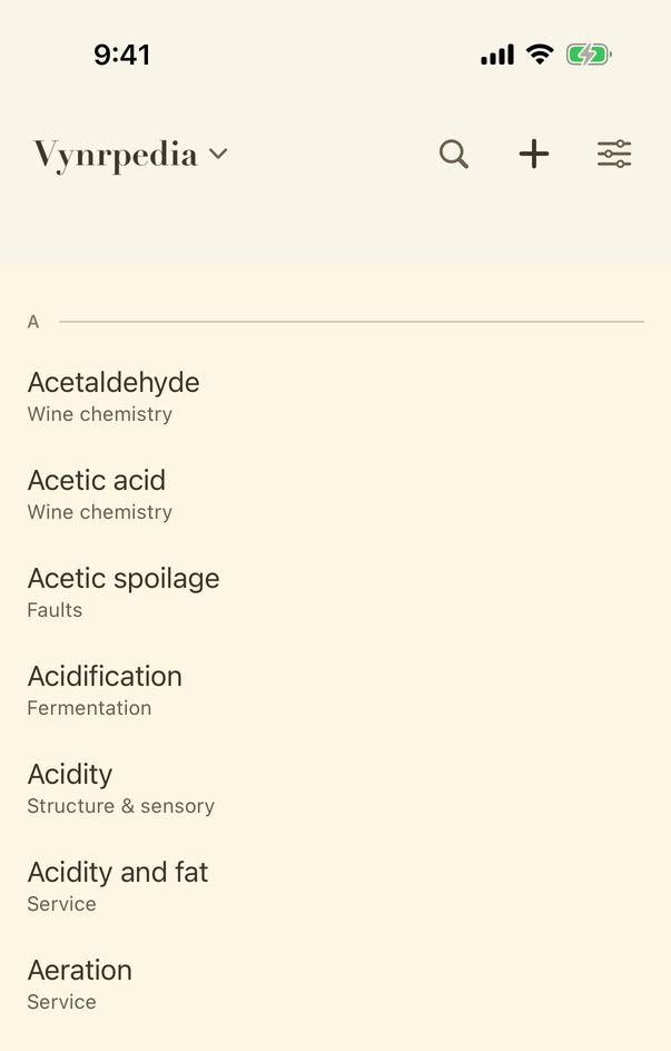 Vynrpedia, the A to Z of wine words, which also scrolls with one finger.