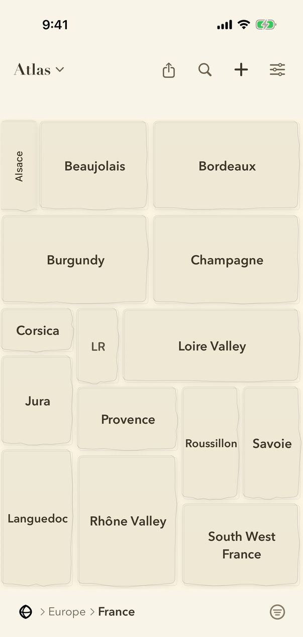 Atlas inside France, showing its regions; the bar at the bottom reads Europe, then France.