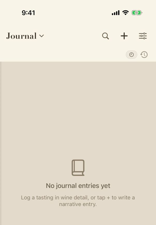 Journal, still empty, with the new-entry button in the top bar.