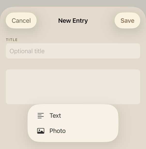 A new journal entry, with an optional title and the menu to add text or a photo.