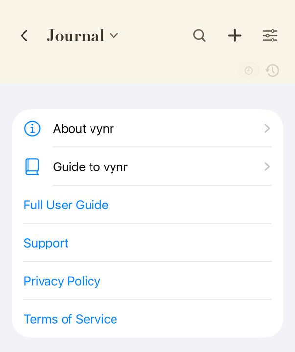 Settings, showing Guide to vynr and the Full User Guide link.
