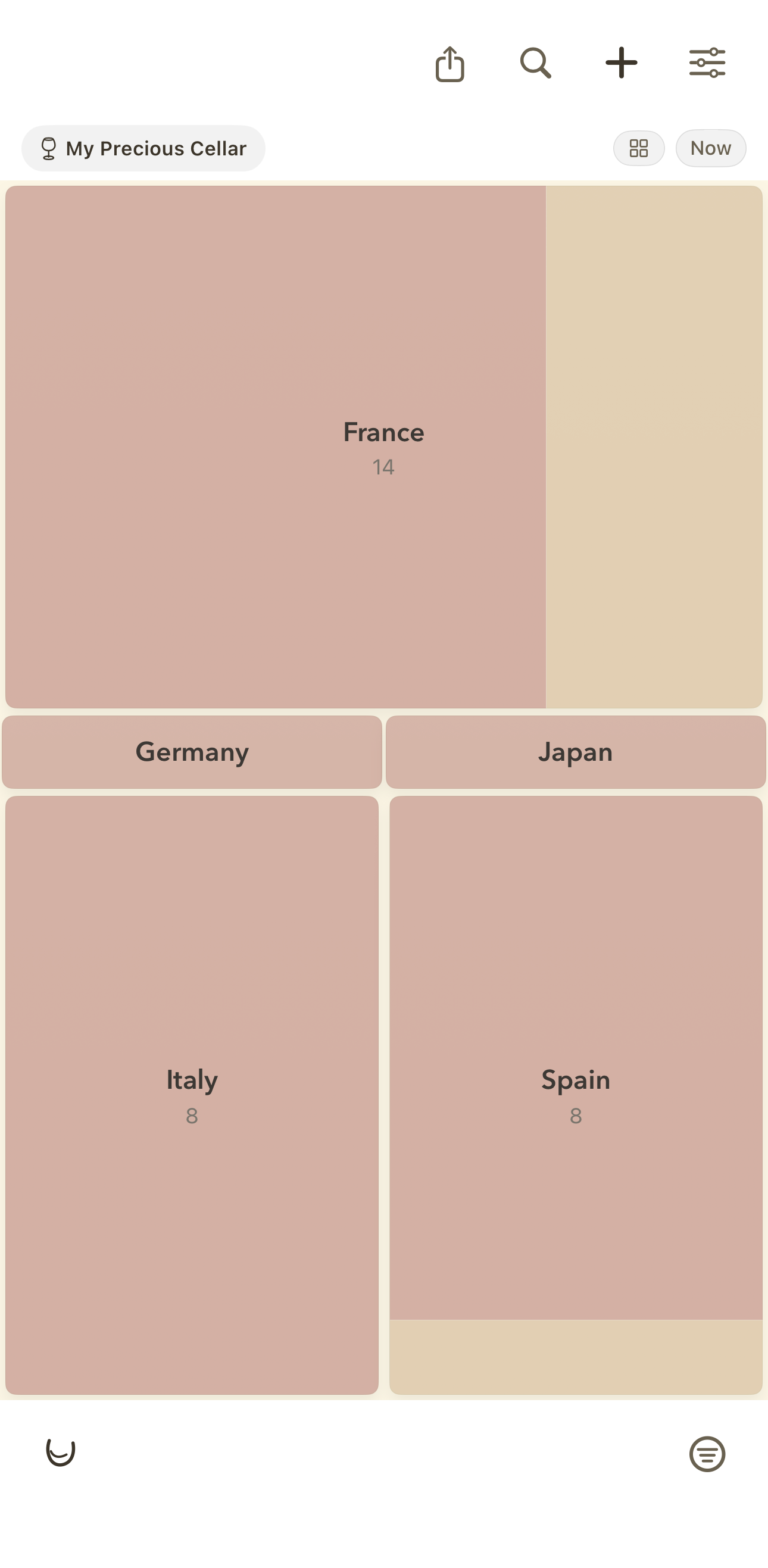 A cellar treemap — France, Italy, Spain, Germany, Japan — each country sized by presence