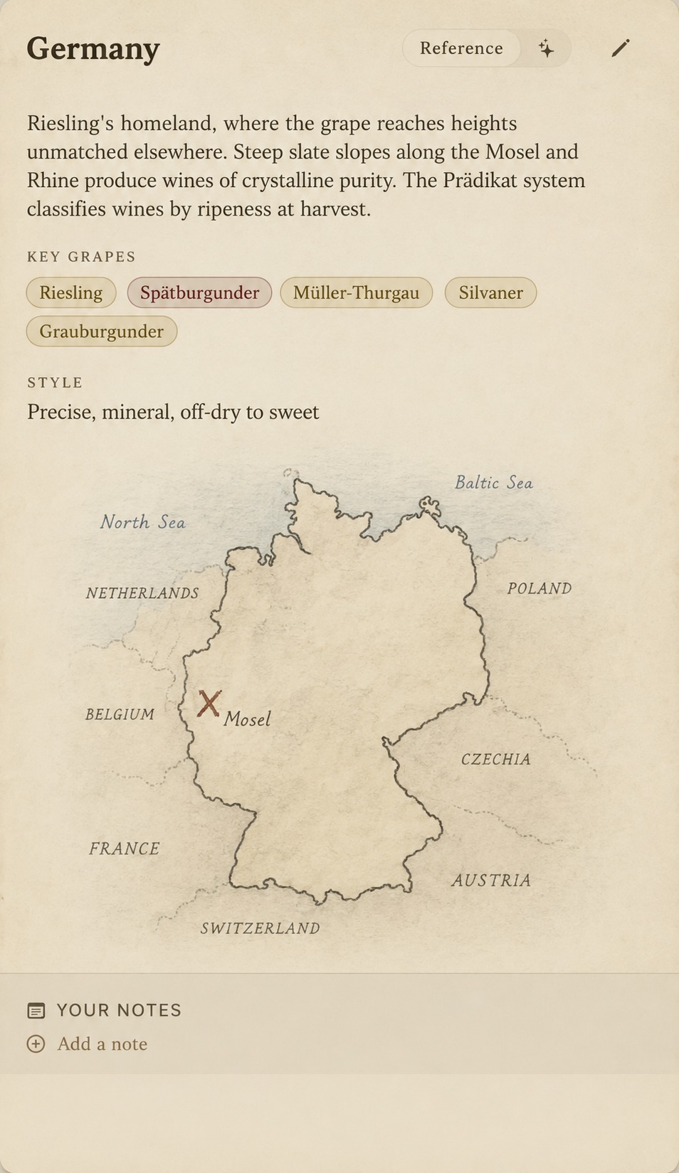 The rendered map — Germany on aged paper, neighbours and seas named, an X on the Mosel