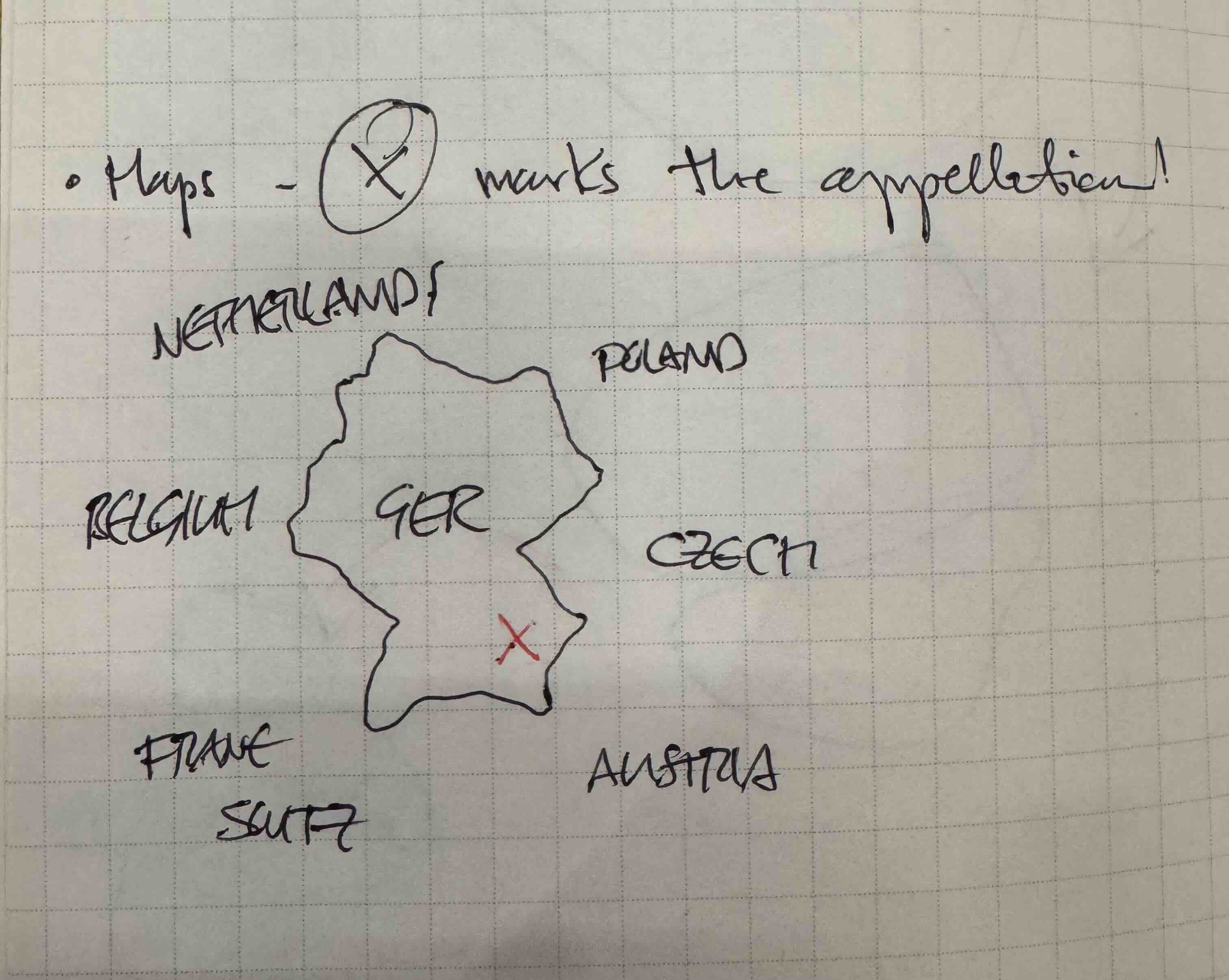 The café sketch — Germany drawn by hand, neighbours named, a red X on the Mosel