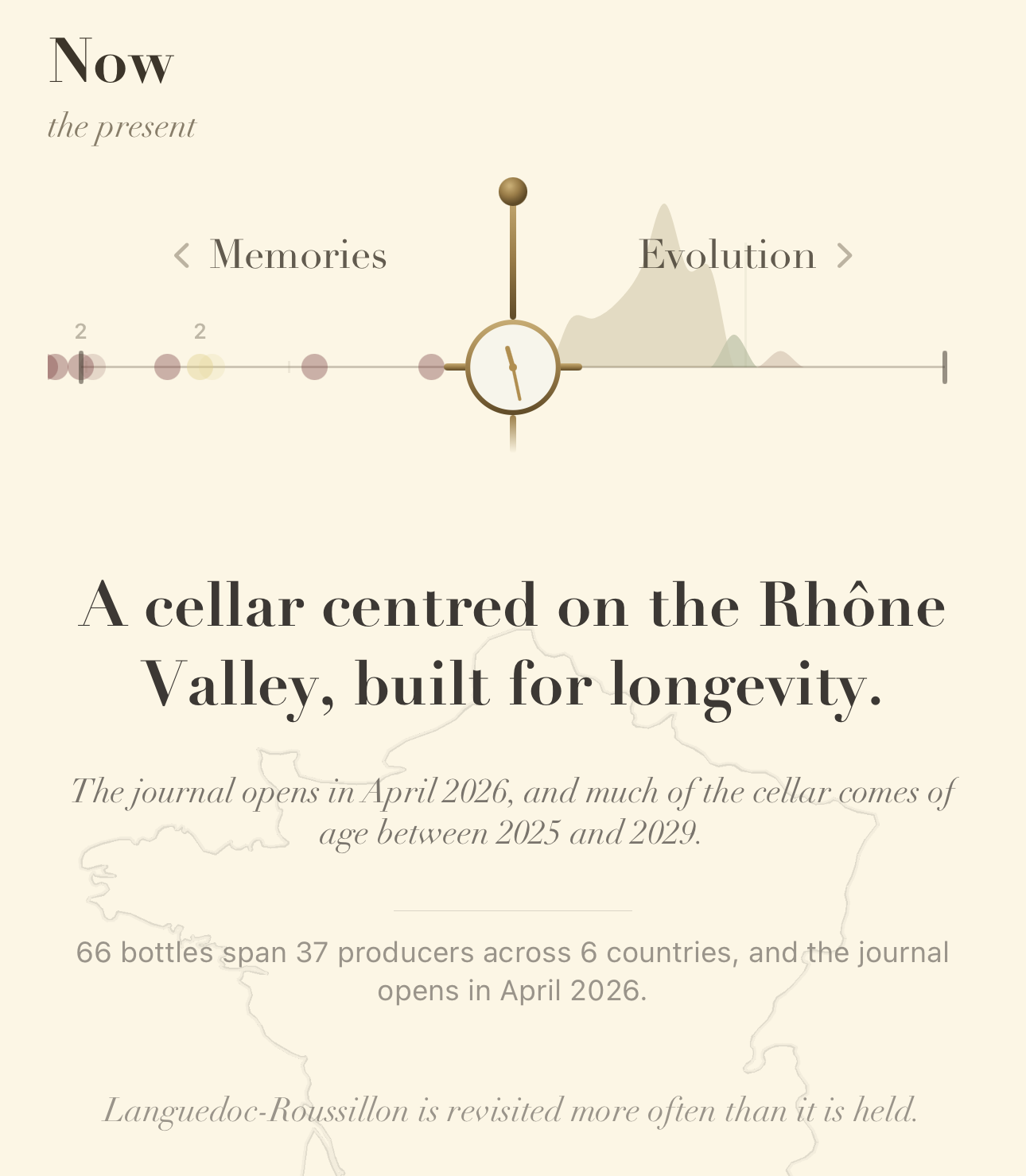 The over-built version — a jewelled time scrubber, an engraved clock, a mountain curve, layered italic captions over a faint map