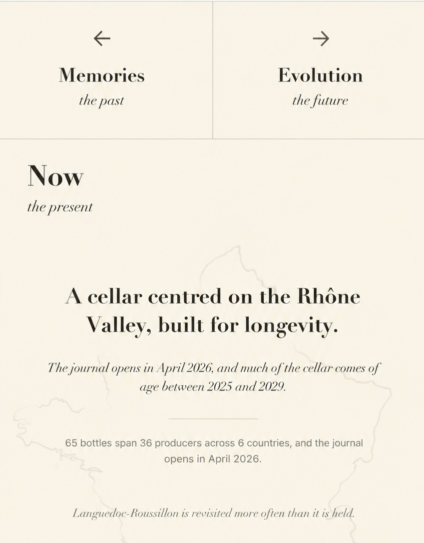 The stripped build — three modes, Memories and Evolution above, Now below, large serif type and open space